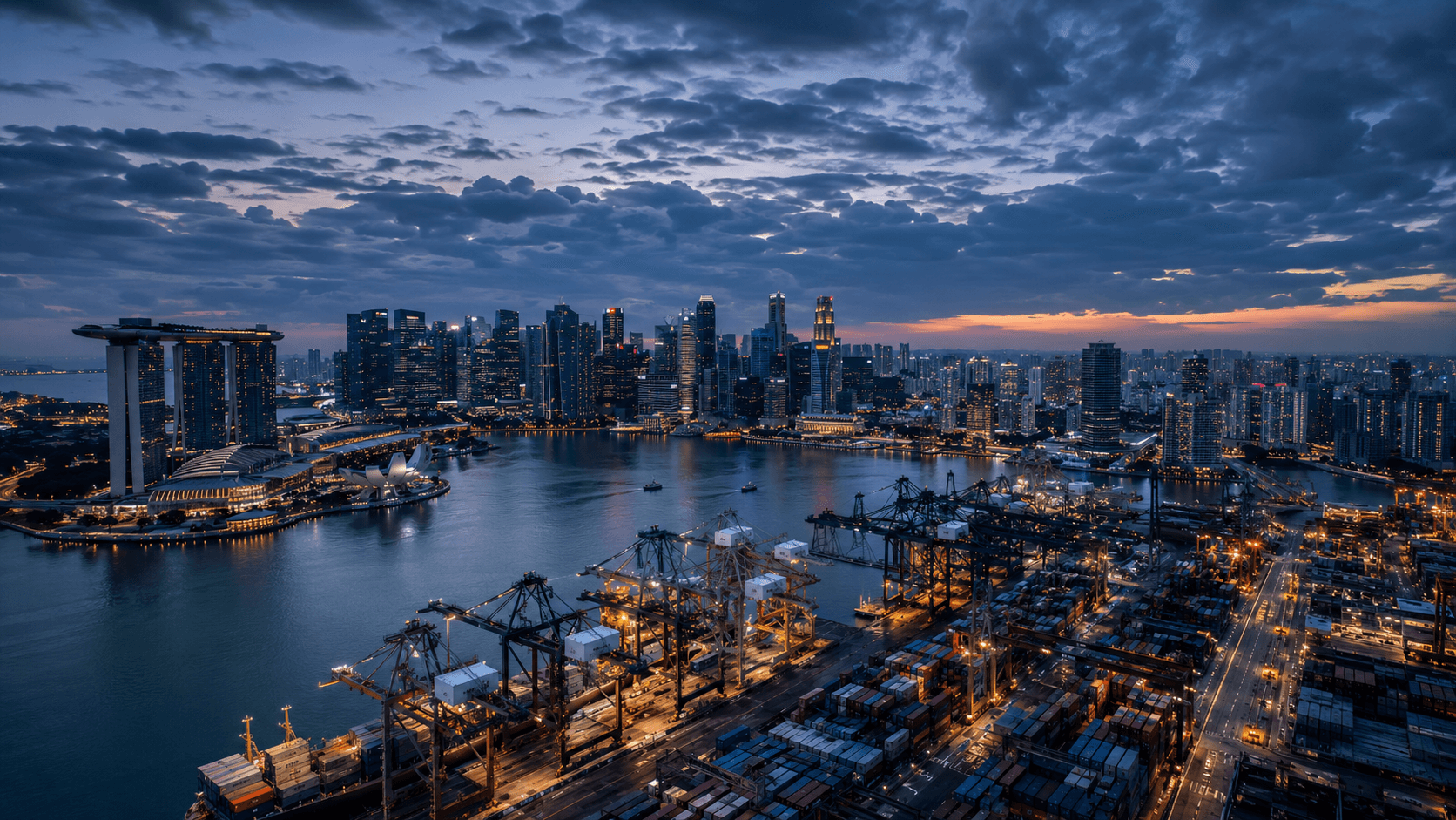 Aerial view of Singapore's skyline and port at dusk