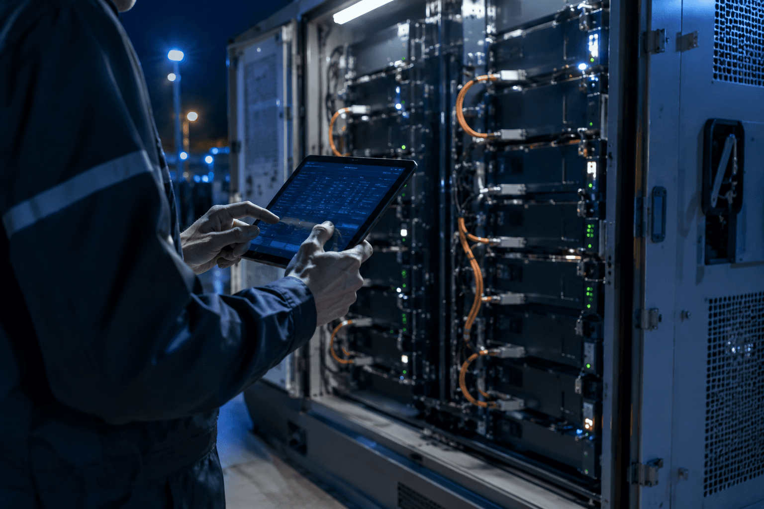 Technician inspecting a battery energy storage container with a tablet device